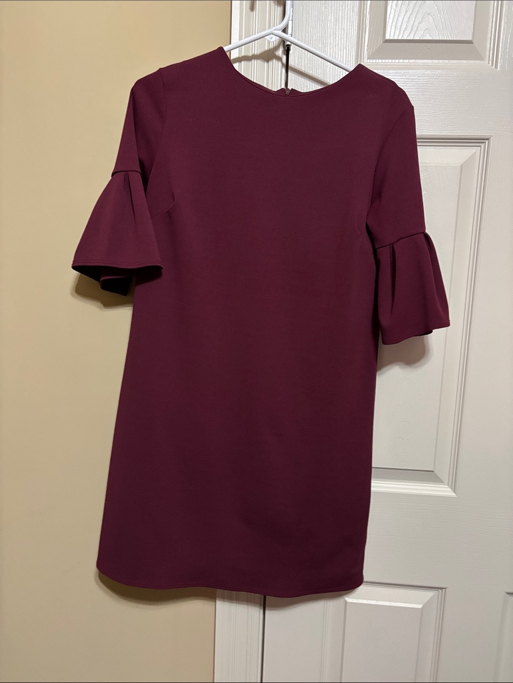 Mini Shift Dress with Ruffle Sleeves in Burgundy